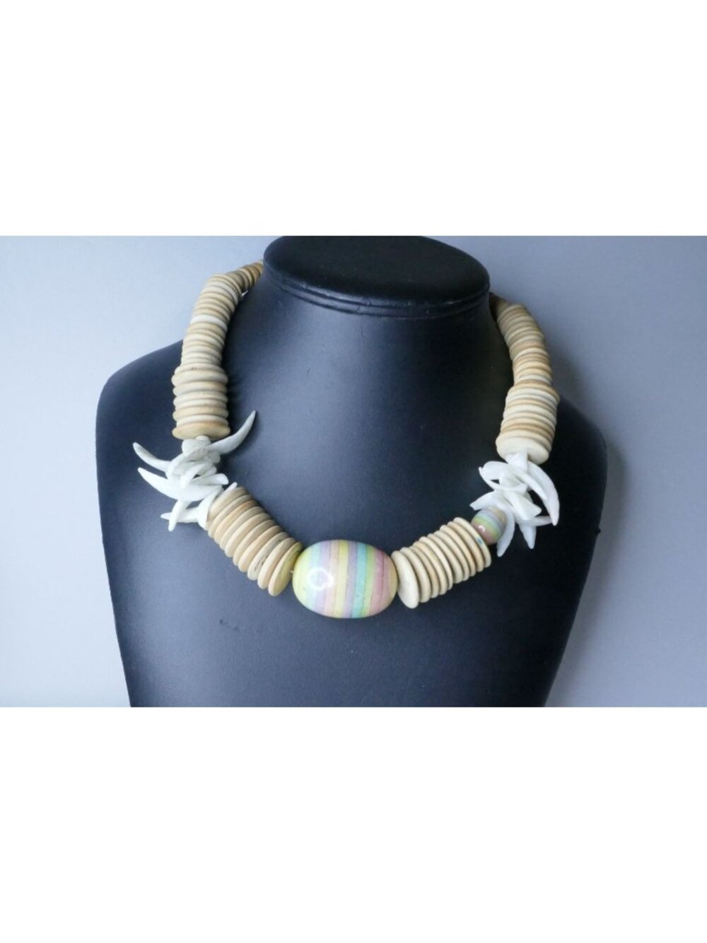 Vintage 19" Chunky Tribal Statement Necklace Rainbow Focal Carved Wood & Shell